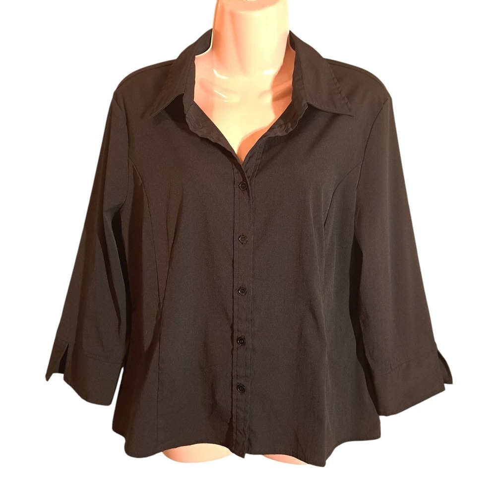 Como Women's Button Up‎ Collared Shirt/Top Size L Black 3/4 Sleeves